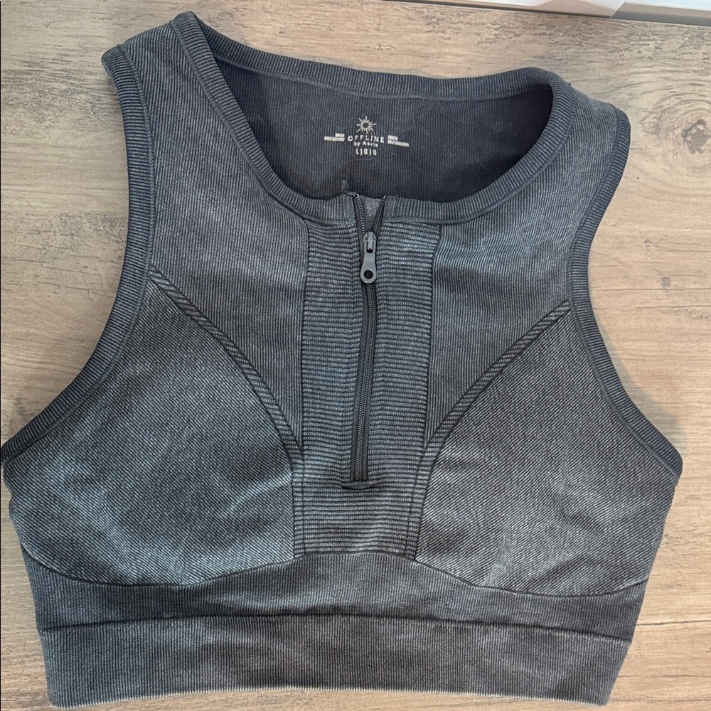 Aerie Offline | Charcoal Sports Bra Racerback - zipup front - longline - Large